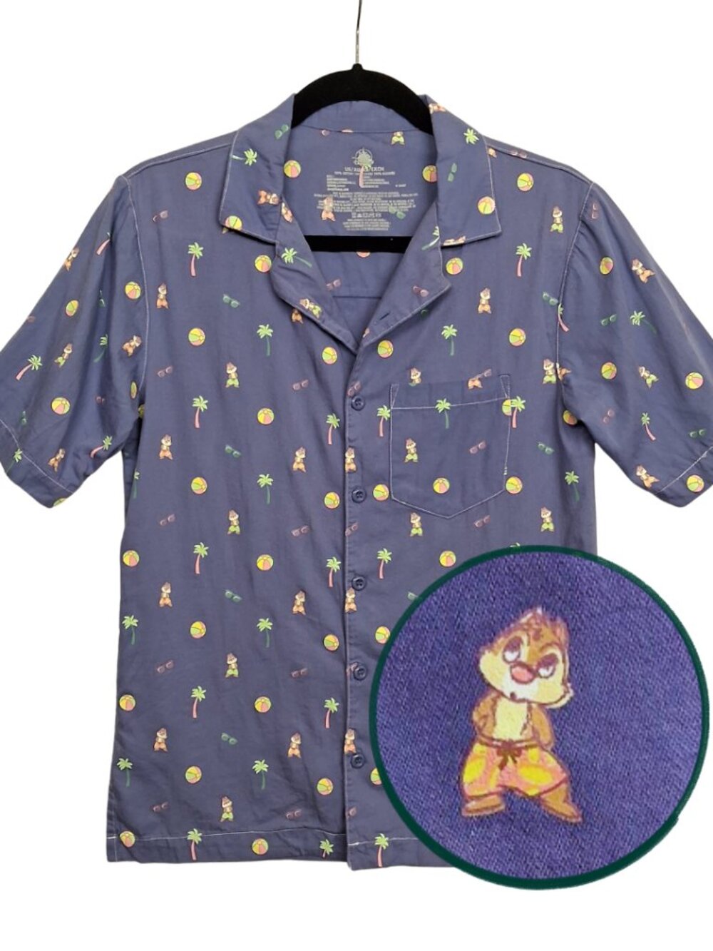 DISNEY Chip N Dale Tropic Shirt Purple Beach Ball Palm Short Sleeve Top XSmall